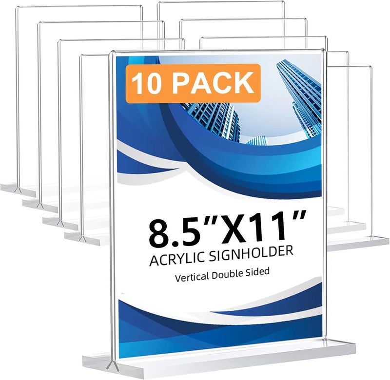DECOHOBO 10 Pack Acrylic Sign Holder 8.5 x 11, Double-Sided Clear Sign Holder Plastic Stands for Display, T Shape Acrylic Table Sign Stands for Office Store Restaurants Wedding Party Decoration - Image 1